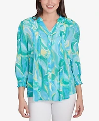Ruby Rd. Petite Abstract Tropical Silky Button Front V-Neck Top
