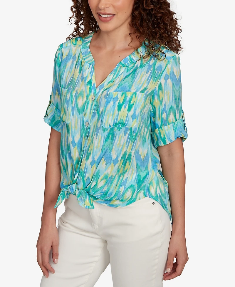 Ruby Rd. Petite Paradise Ikat Button Tie Front V-Neck Top