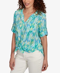 Ruby Rd. Petite Paradise Ikat Button Tie Front V-Neck Top