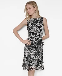 Dkny Women's Chiffon Printed Boat-Neck Ruffle-Hem Dress