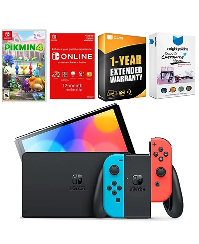 Nintendo Switch Neon Red & Blue Oled Console with Pikmin 4, Nso 12 Month Family Membership, MightySkins Console and Controller Skin Voucher
