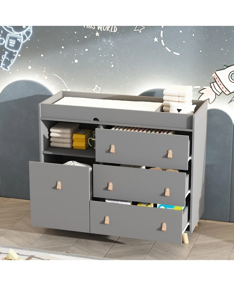 Diaper table with three drawers, baby changing station with multiple storage compartments, grey wood