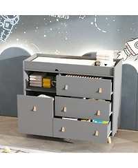 Diaper table with three drawers, baby changing station with multiple storage compartments, grey wood