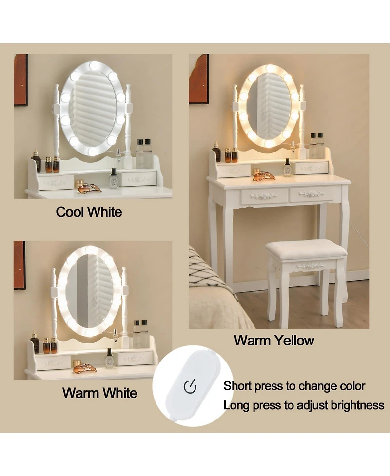 Makeup Dressing Table with Touch Switch Lighted Mirror and Cushioned Stool