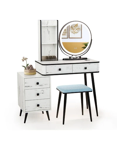 Vanity Table Set with 3-Color Lighted Mirror and Cushioned Stool