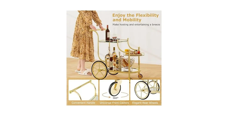 3-Tier Home Bar Serving Cart on Wheels with Mirrored Shelves