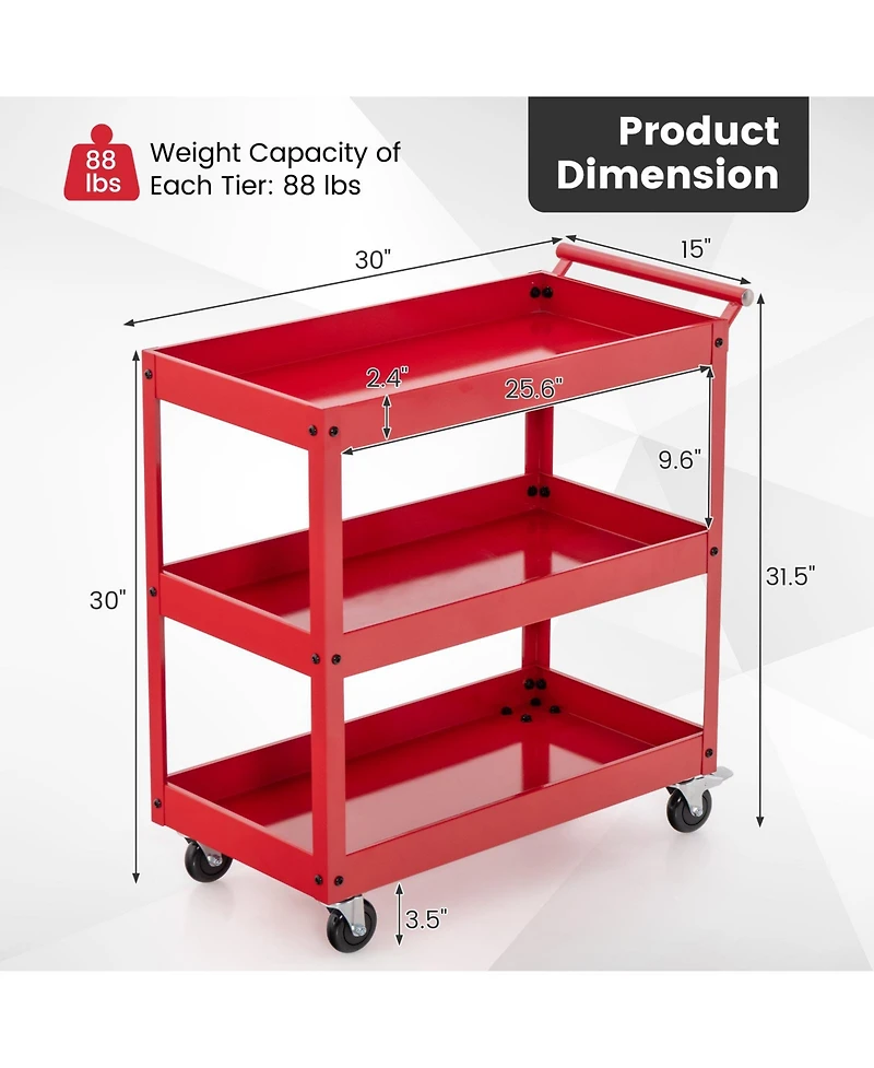 3-Tier Utility Cart with Steel Frame and Four Wheels