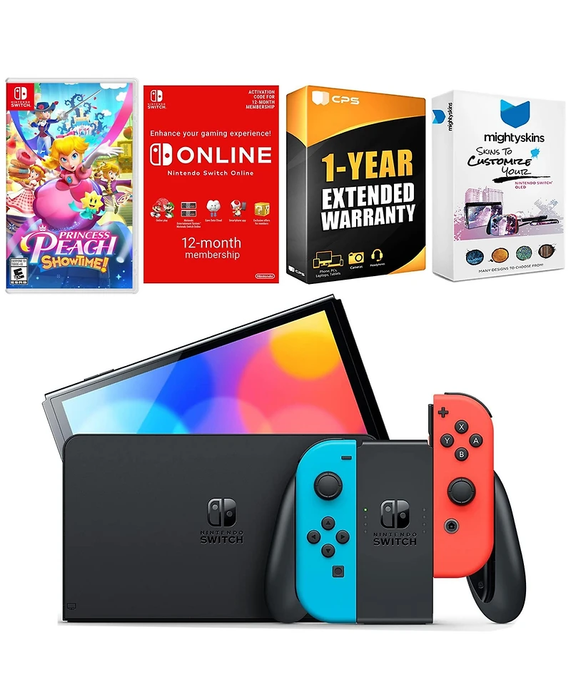 Nintendo Switch Neon Red & Blue Oled Console with Princess Peach: Showtime!, Nso 12 Month Family Membership