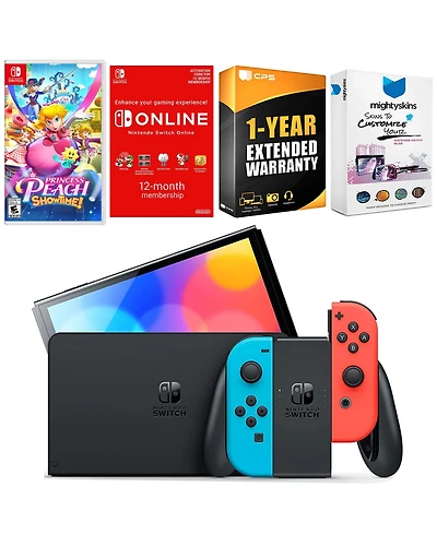 Nintendo Switch Neon Red & Blue Oled Console with Princess Peach: Showtime!, Nso 12 Month Family Membership