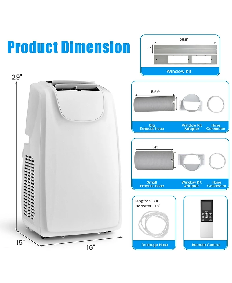 12000 Btu(Ashrae) Dual Hose Portable Air Conditioner with Remote Control