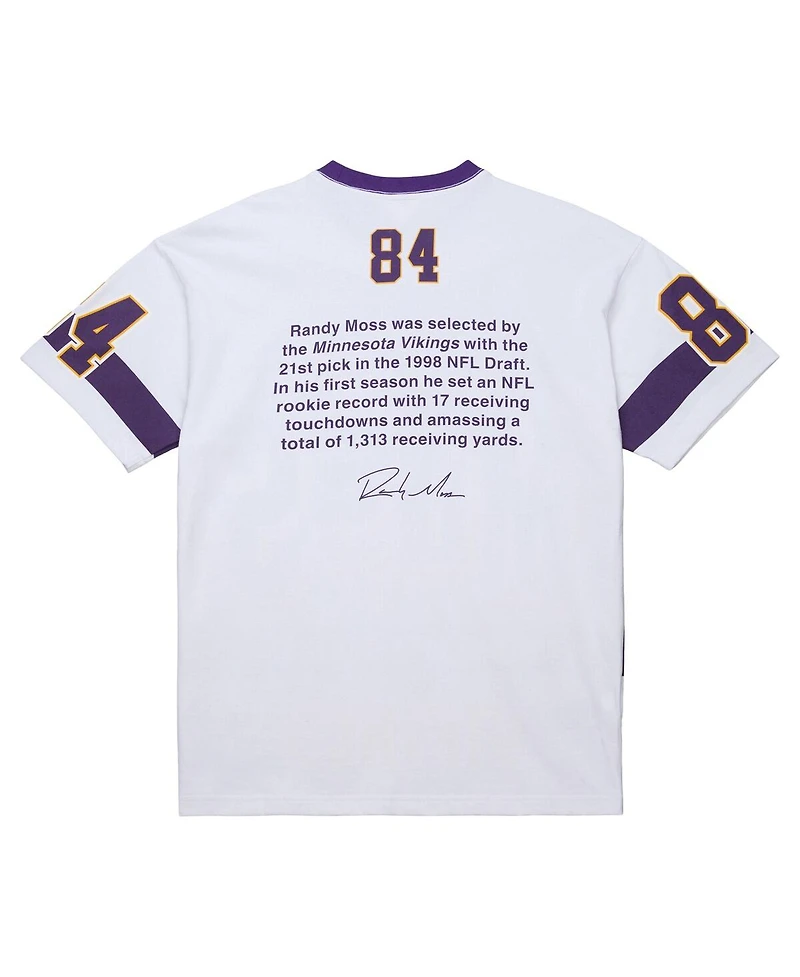 Mitchell & Ness Men's Randy Moss White Minnesota Vikings Name Number Team Origins Vintage Logo T-Shirt