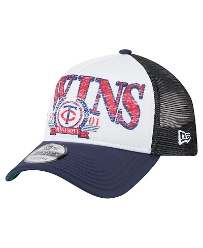 New Era Men's White/Navy Minnesota Twins Distressed 9FORTY A-Frame Adjustable Trucker Hat