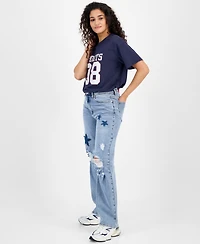 Madden Girl Juniors' High-Rise Star-Patch Straight-Leg Jeans