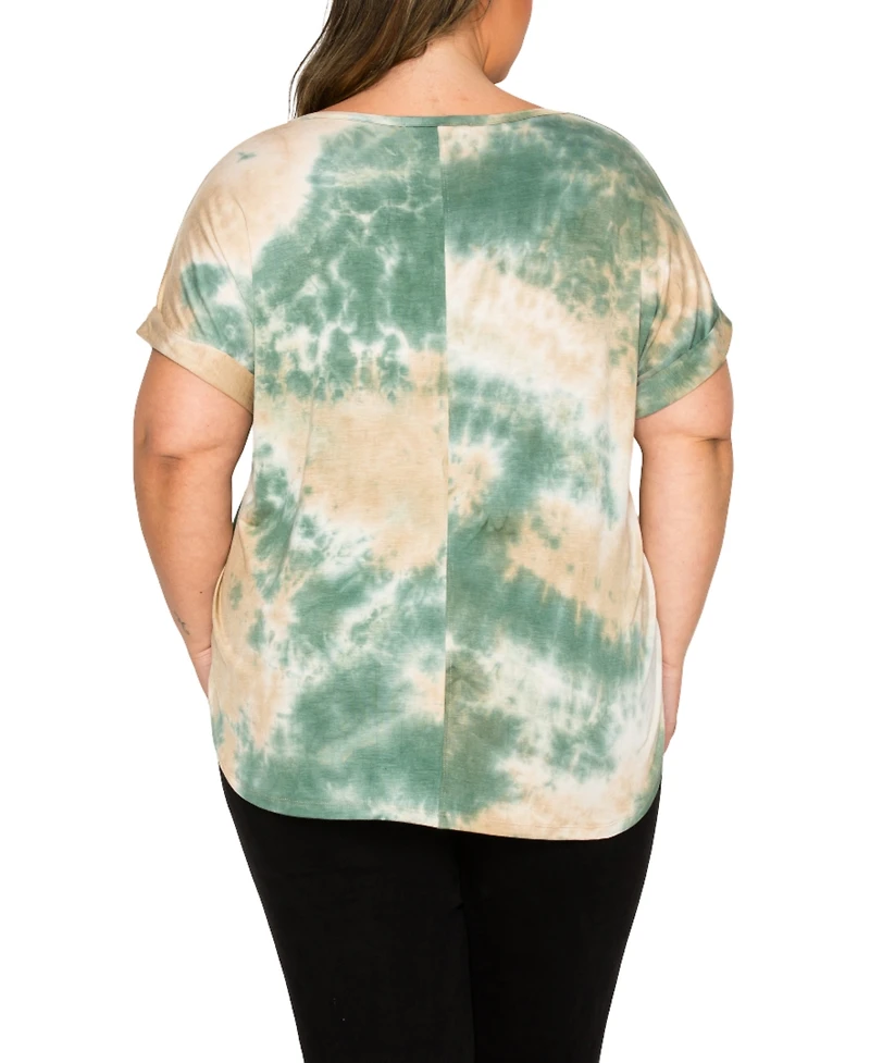 Coin 1804 Plus Size Tie Dye V-Neck Rolled Sleeve Dolman T-Shirt