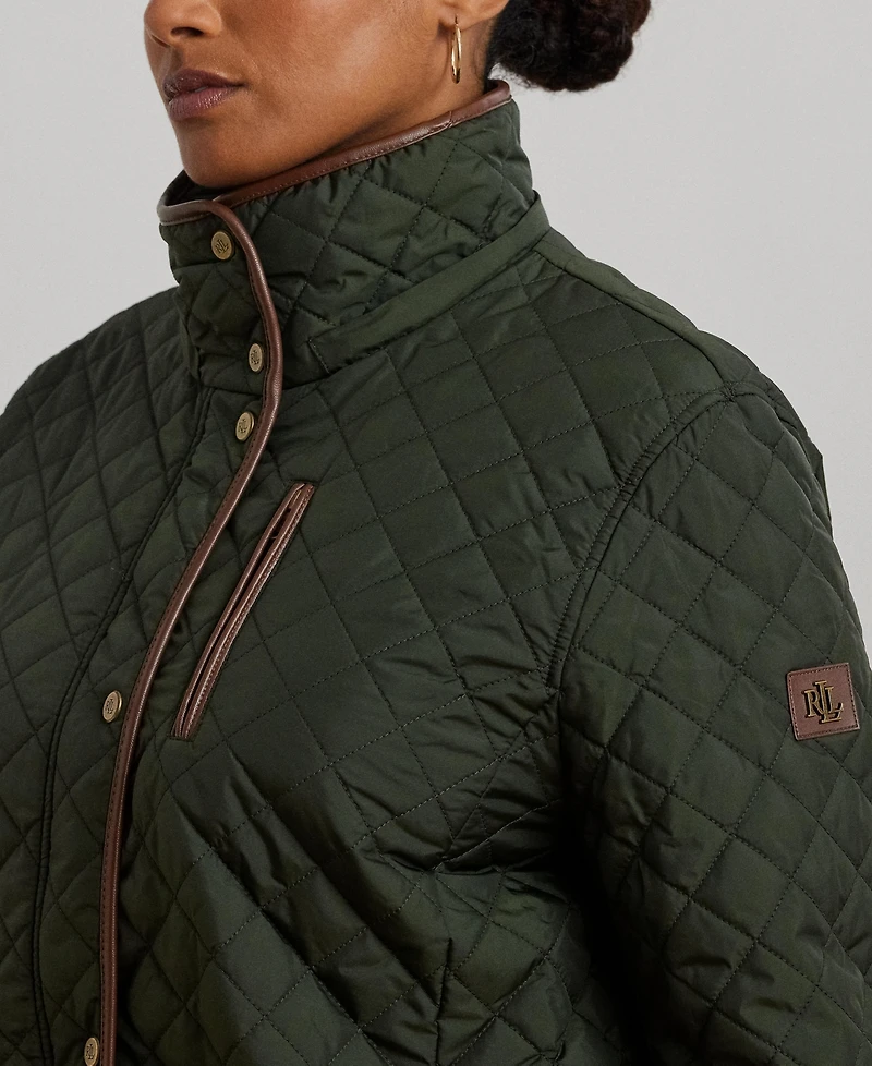 Lauren Ralph Plus Hooded Quilted Faux-Suede-Trim Coat
