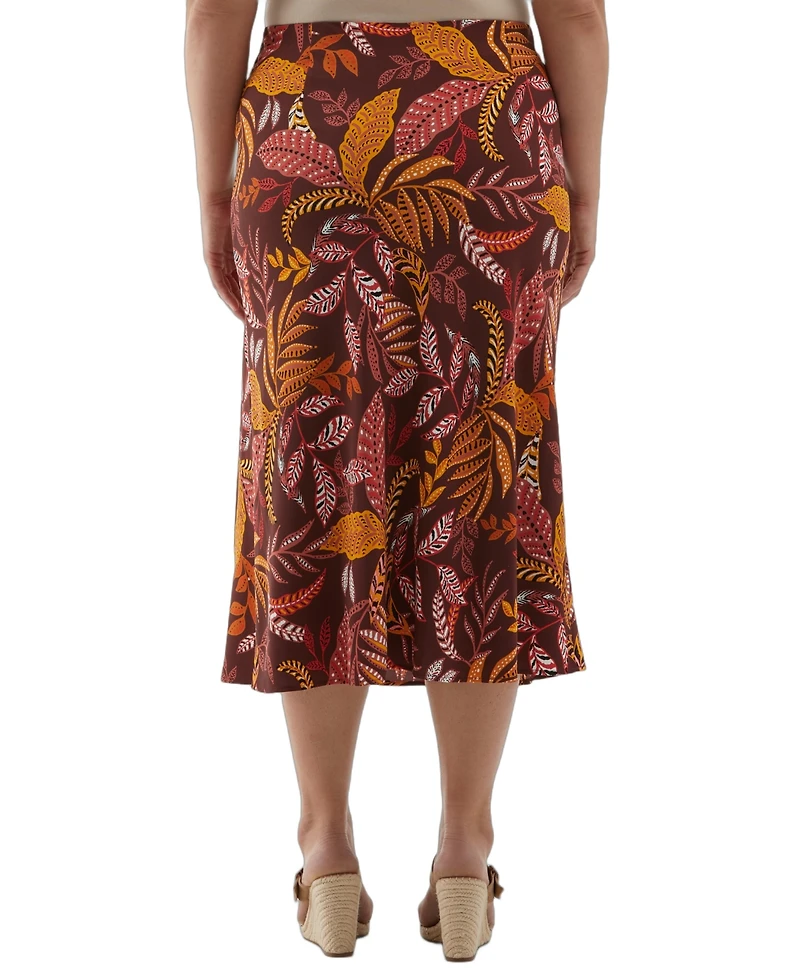 Ella Rafaella Plus Leaf Print Shine Midi Bias Skirt