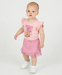 Rare Editions Baby Girls 2-Piece Cowgirl Graphic Bodysuit and Fringe Skirt Set