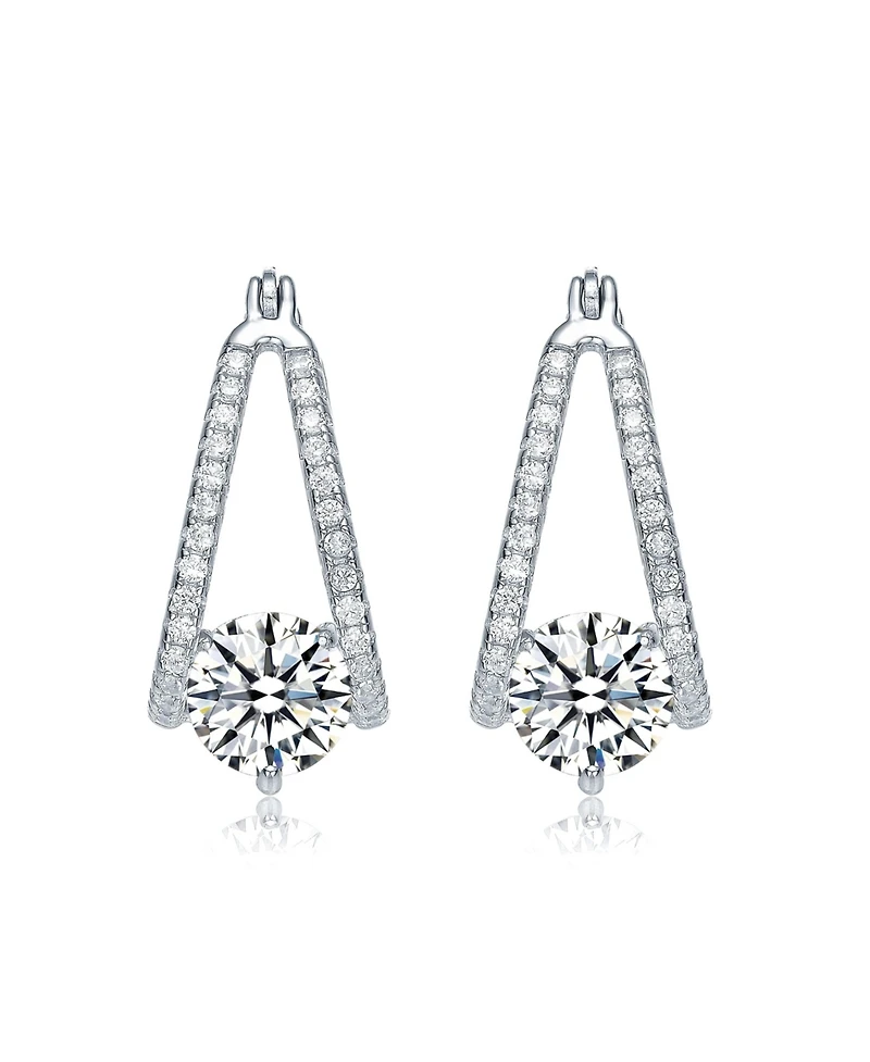 Sterling Silver with Cubic Zirconia Solitaire Double Trapeze Inside-Out Oblong Hoop Earrings