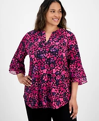 Kasper Plus Size Split-Neck Floral-Print Top