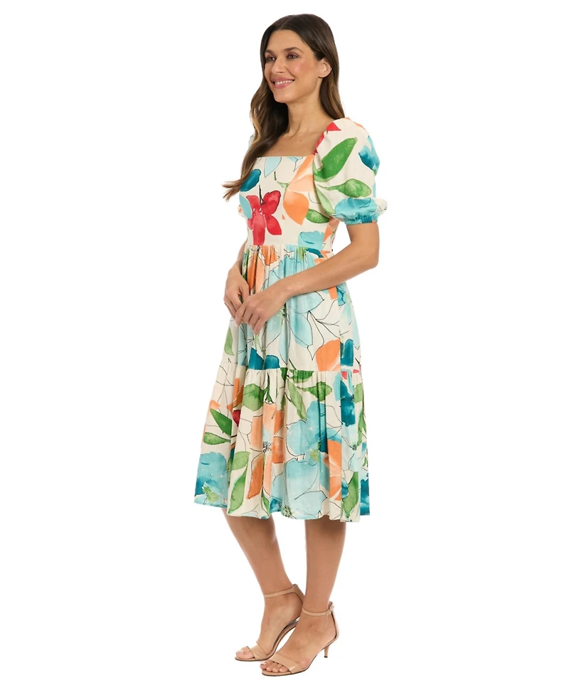 London Times Women's Floral-Print Square-Neck Puff Midi Dress