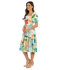 London Times Women's Floral-Print Square-Neck Puff Midi Dress