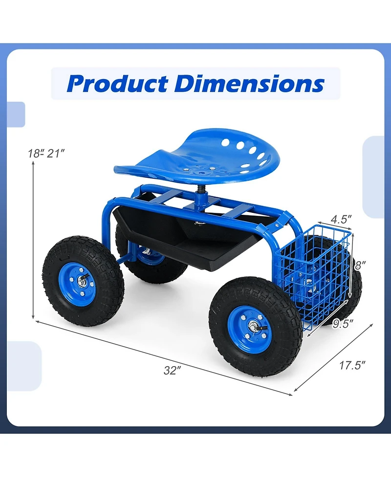 Garden Cart Rolling Work Seat With Heavy Duty Tool Tray Gardening Planting