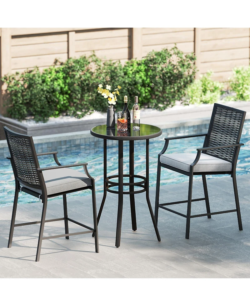 Patio Bar Stools Set of 2 Counter Height Rattan Bar Chairs with Armrest-Grey