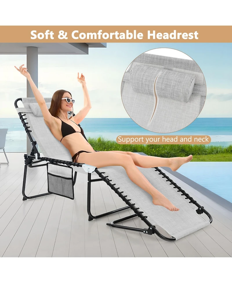 Gymax Folding Chaise Lounge Portable Lay Flat Reclining Chair w/ 4-Level Backrest Side Pocket