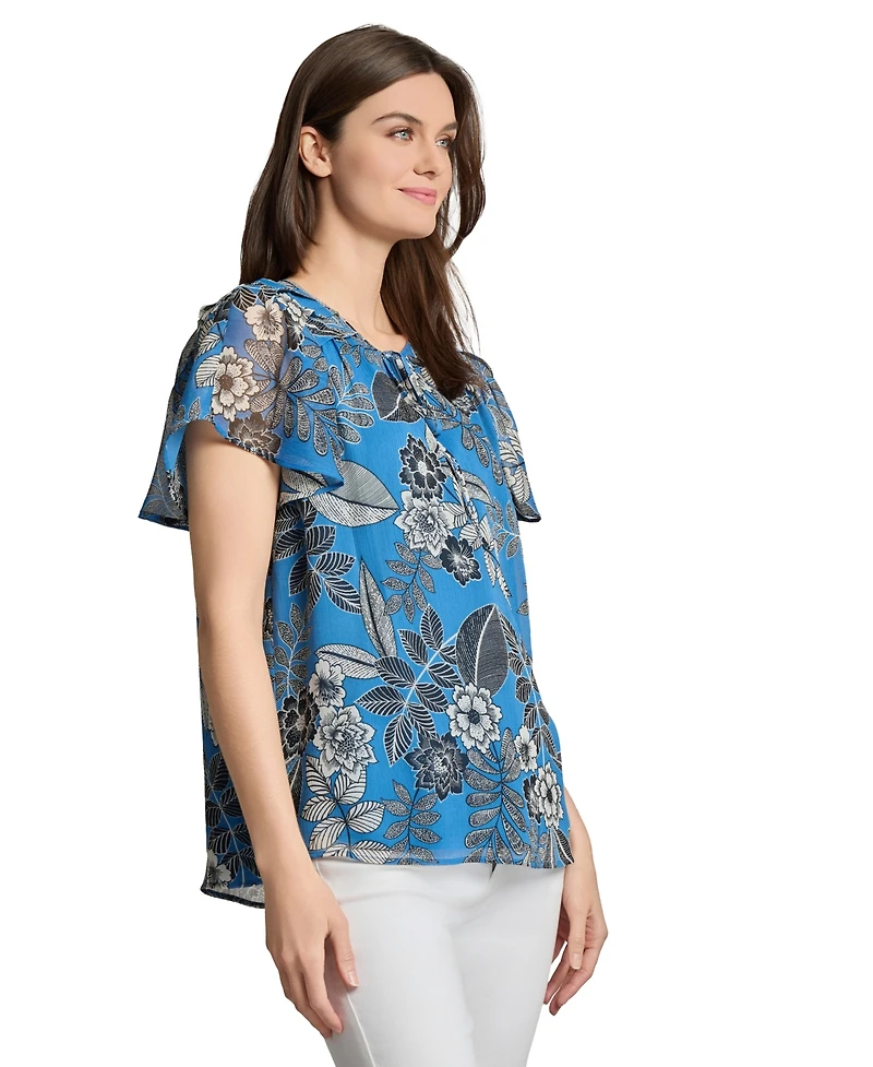 Jones New York Petite Short Sleeve Popover Shirred Neck Top