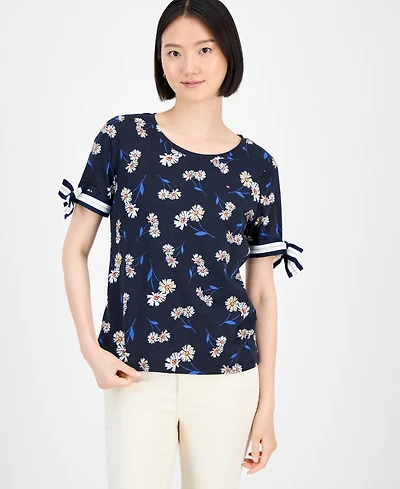 Tommy Hilfiger Women's Daisy-Print Tie-Sleeve Top