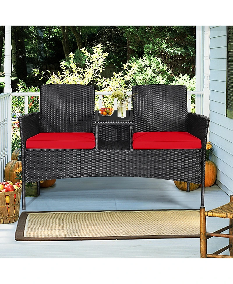 Gymax Rattan Wicker Patio Conversation Set w/ Table Red Cushion