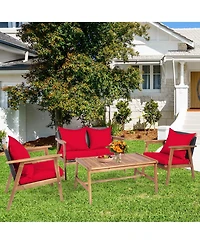 Gymax 4PCS Patio Conversation Set Wood Frame Furniture Set w/ Red Cushions