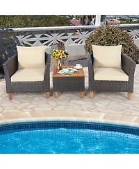Gymax 3PCS Patio Furniture Set Conversation Bistro Set w/ Acacia Wood & Cushions Beige