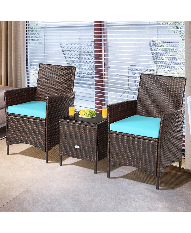 Gymax 3PCS Outdoor Rattan Conversation Set Patio Furniture Set w/ Cushions