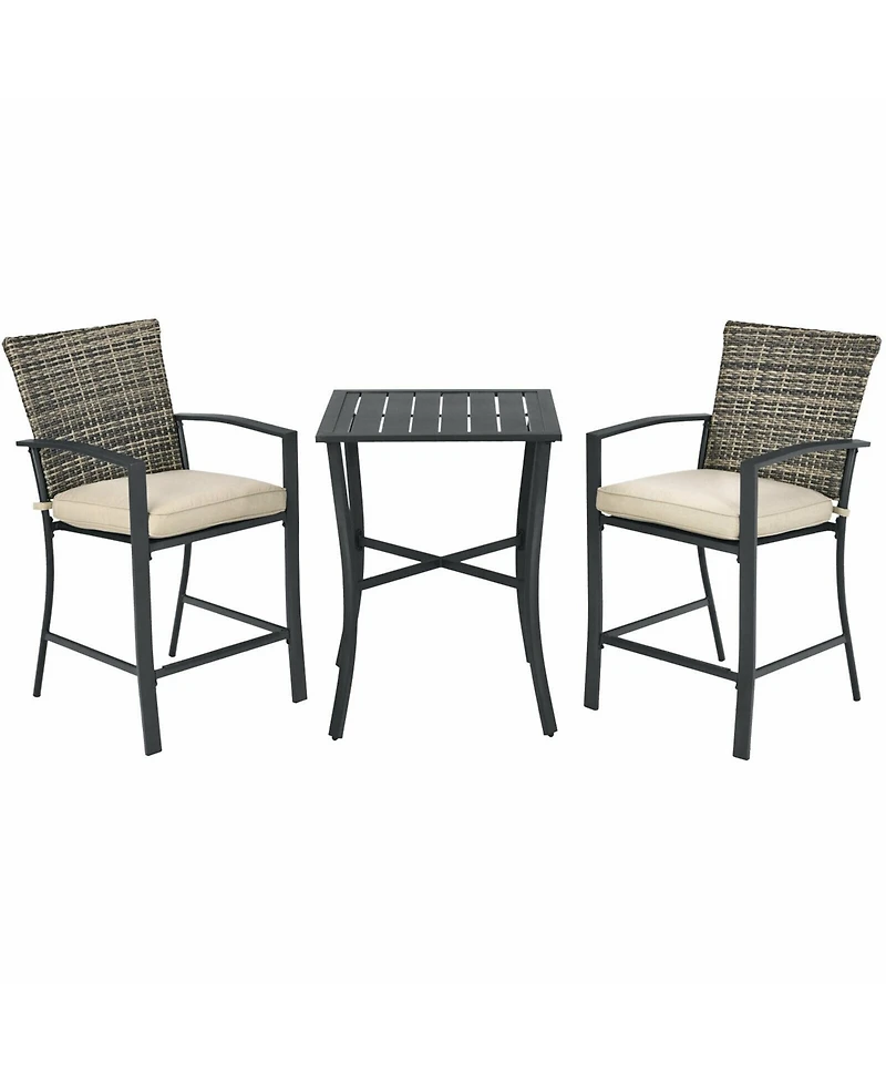 Gymax 3PCS Patio Metal Bar Set Outdoor Conversation Furniture Set w/ Cushions