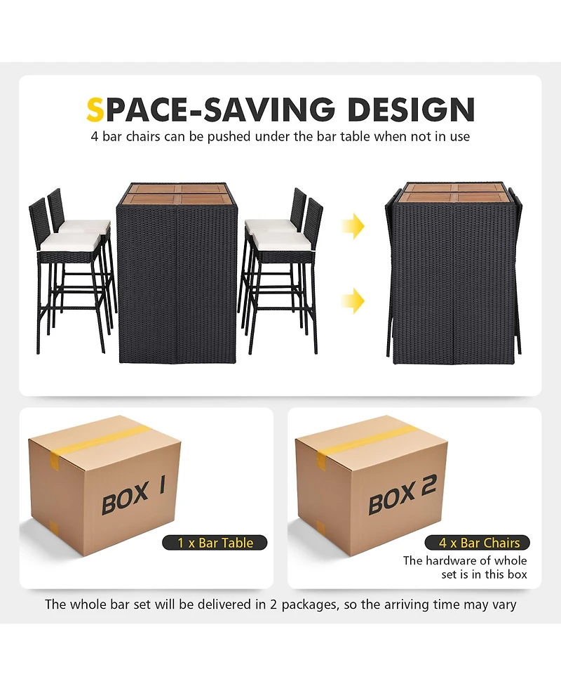 Gymax 5-Piece Patio Rattan Bar Set Outdoor Wicker Set w/ Bar Height Table & 4 Bar Stools