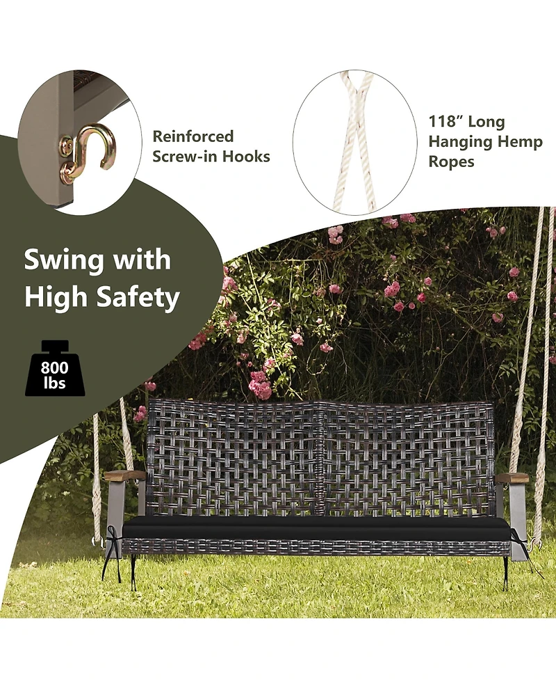 Gymax 2-Seat Rattan Porch Swing Chair Outdoor Wicker Bench W/ Seat Cushion Red