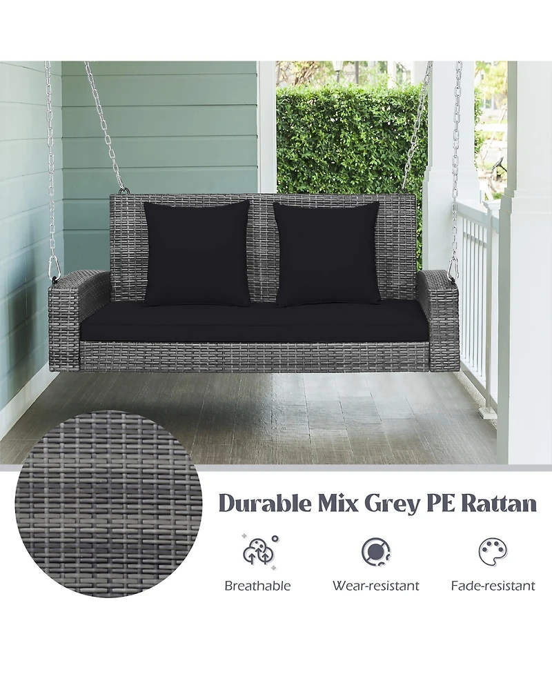 Gymax 2-Person Patio Hanging Porch Swing Rattan 800LBS Bench w/ Cushions