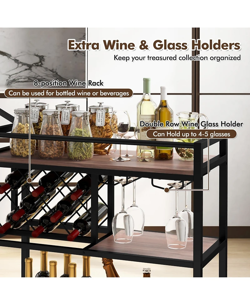 3-tier Bar Cart on Wheels Home Kitchen Serving Cart with Wine Rack and Glasses Holder