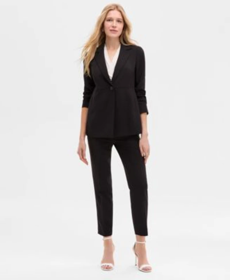 Anne Klein Womens Notch Collar One Button Jacket Sleeveless Shirred Surplice Top Fly Front Side Tab Straight Pants