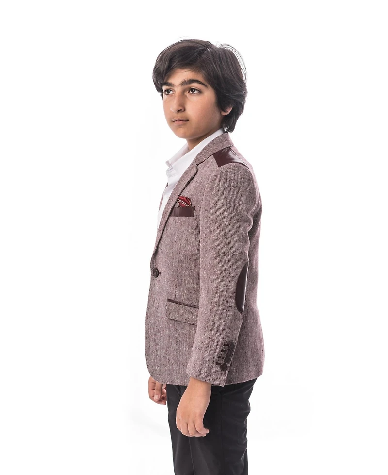 Elie Balleh Boys Wine Slim Fit Tweed & Faux Leather Blazer