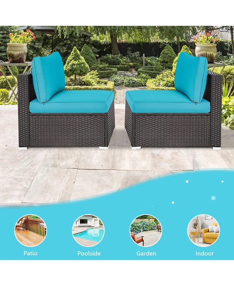 Gymax 2PCS Patio Wicker Rattan Sectional Armless Chair Sofa w/ Turquoise Cushion