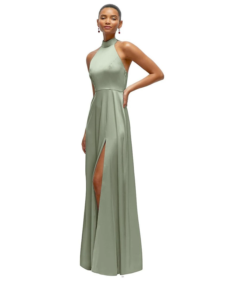 After Six Women's Band Collar Halter Open Back Fluid Satin Maxi Dress with Self-Tie Bow