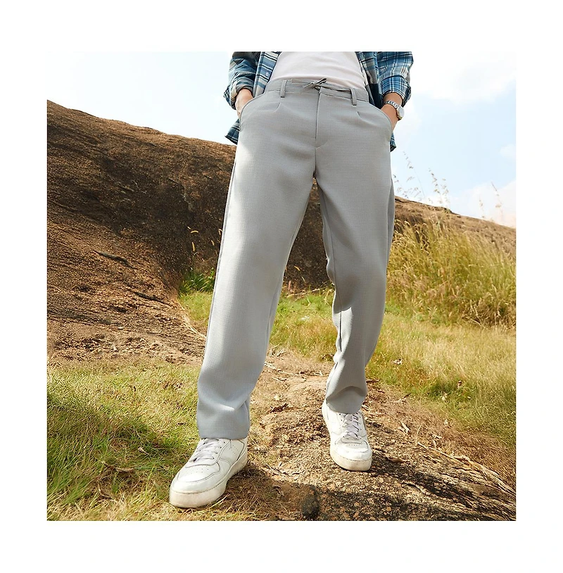 Campus Sutra Men's Cloud Grey Tailored Linen-Blend Trousers