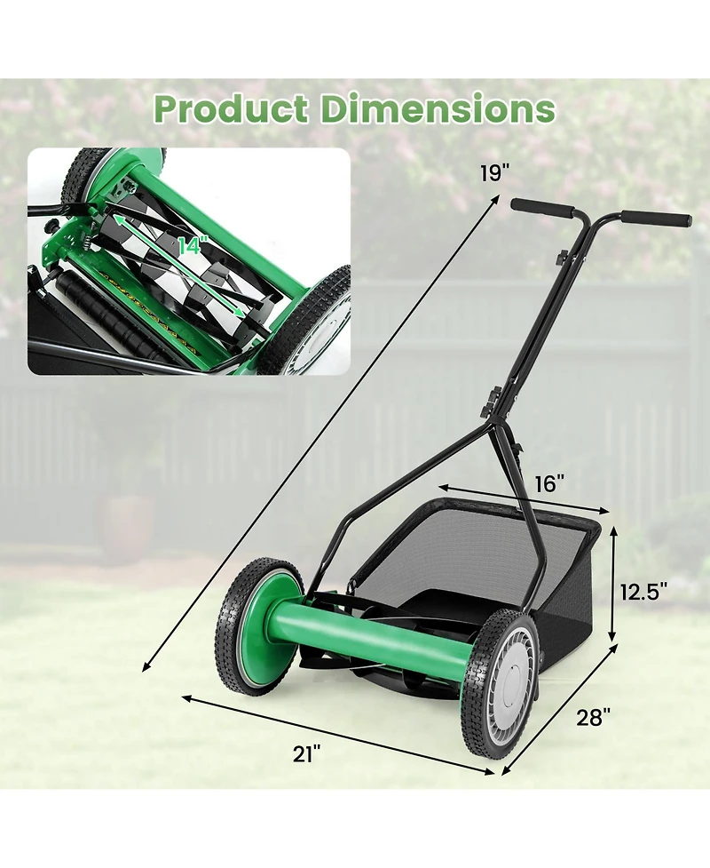 Professional Push Lawn Mower with 5 Steel Blades and Removable Grass Catcher Bag