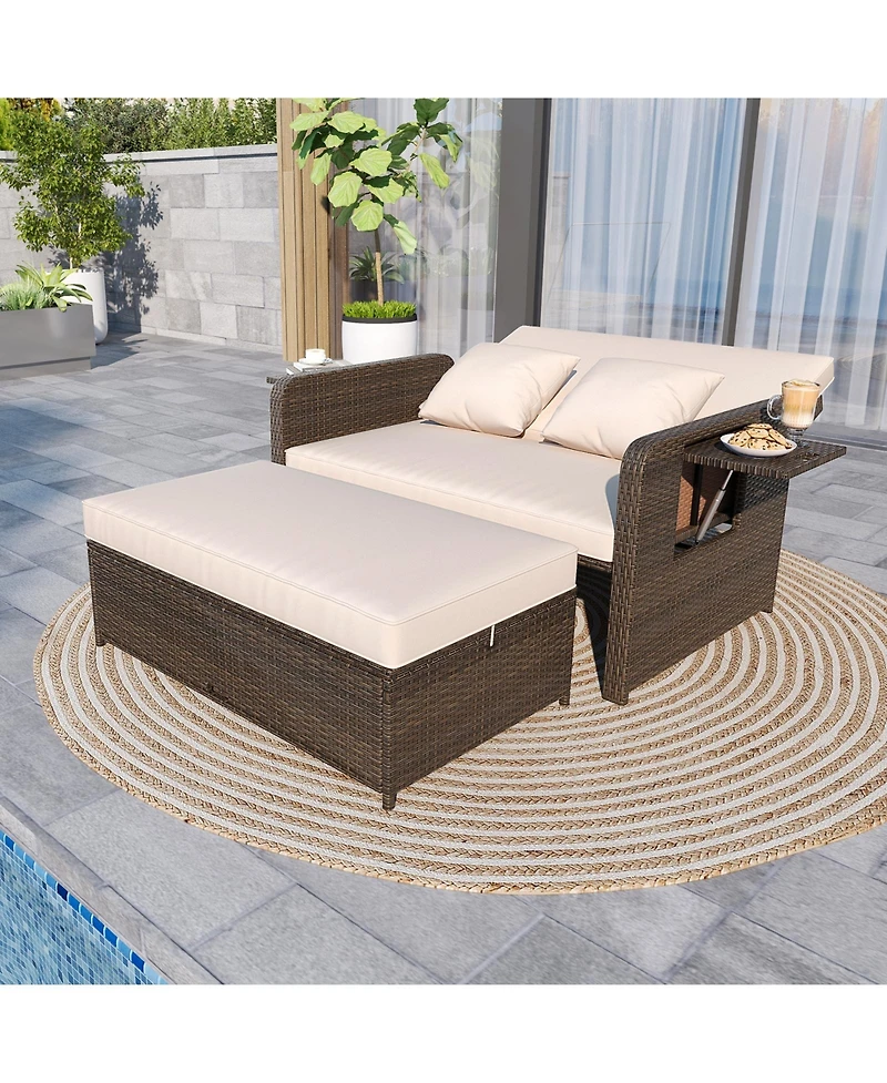 Modular Outdoor Adjustable Daybed Set with Plush Cushions and Storage Ottoman