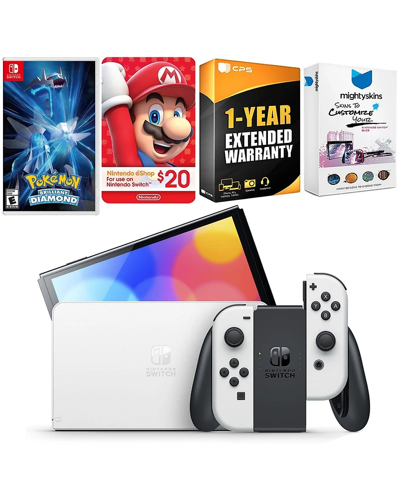 Nintendo Switch White Oled Console with Pokemon Brilliant Diamond, Nintendo $20 eShop Gift Card, MightySkins Console and Controller Skin Voucher