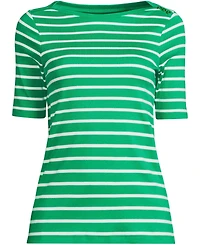 Lands' End Women's Supima Cotton Elbow Sleeve Boatneck Button Shoulder Tee