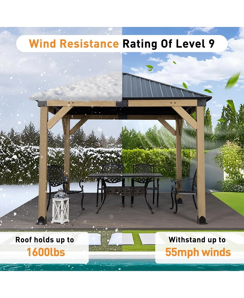 Aoodor 10 x 10 ft Wooden Frame Gazebo with Galvanized Metal Hardtop Roof, Outdoor Patio Gazebo with Charging Socket