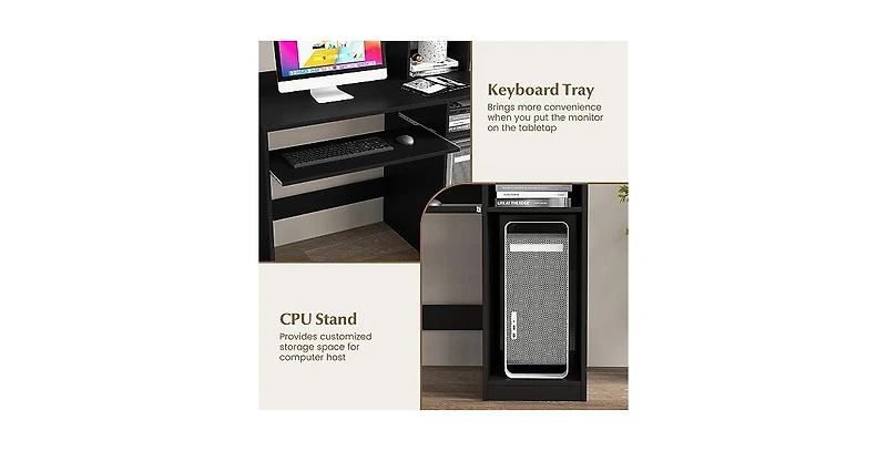 Home Office Computer Desk with Bookcase Keyboard Tray and Cpu Stand